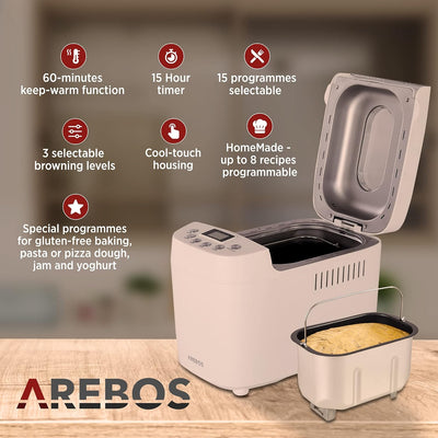 Arebos Brotbackautomat 1500g | mit 15 Programmen | 2 Knethaken | Timer | LCD Display | 3 Bräunungsgr