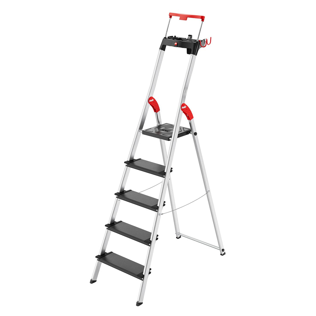 Hailo Stehleiter TopLine, 5 XXL-Sicherheits-Stufen bis 150kg, Aluminium Leiter mit ausziehbarem Halt