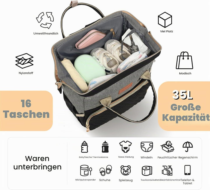 Wickelrucksack Gross - Baby Wickeltasche Rucksack Wasserdicht & Leicht mit Wickelunterlage, Schnulle
