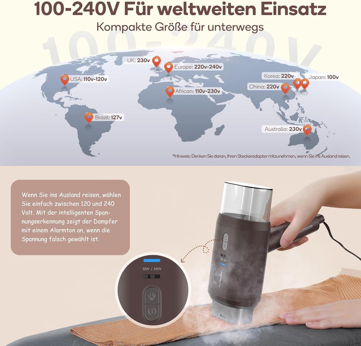 Newbealer Dampfglätter mit umschaltbarer Spannung - 220V/120V, kompaktes und faltbares Reisebügeleis