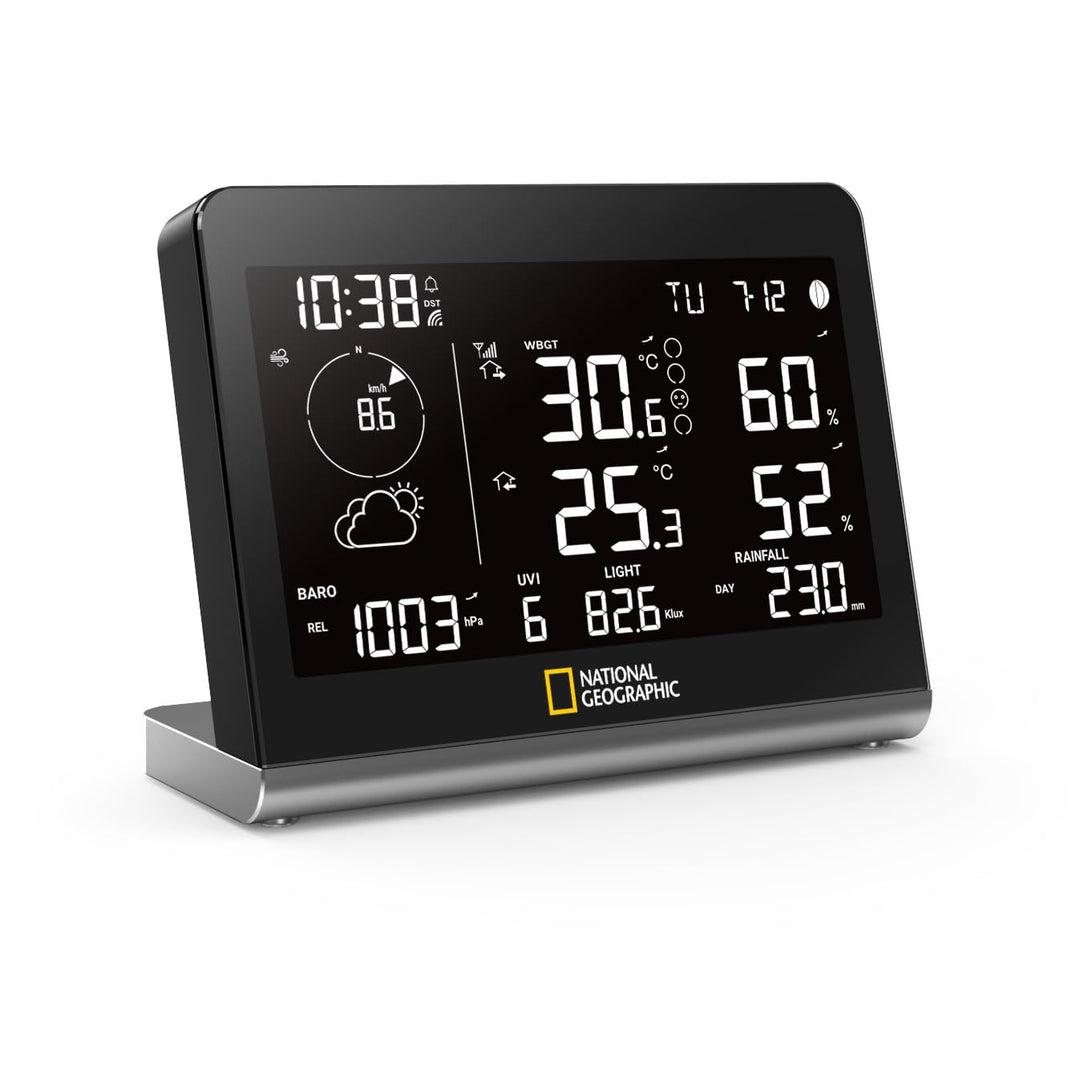 National Geographic Funkwetterstation SC mit 8-in-1-Aussensensor, Farbwechsel-Display, Temperatur, L