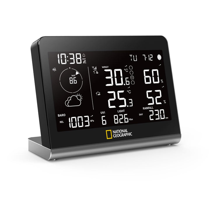 National Geographic Funkwetterstation SC mit 8-in-1-Aussensensor, Farbwechsel-Display, Temperatur, L