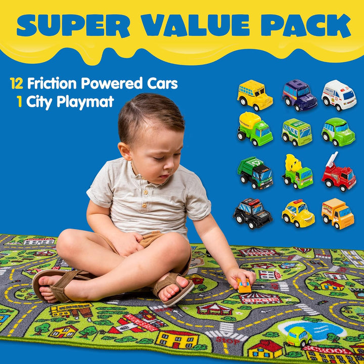 JOYIN Teppich Kinderzimmer 80x150cm mit 12 Mini Auto Spielzeug für Kinder, Spielteppich Strasse Kind