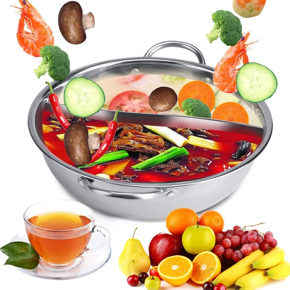 Leopacat Hot Pot Herd, Hotpot Topf, Edelstahl 2 Kammern Dualer Hot Pot Doppelgriff Kochgeschirr Hot
