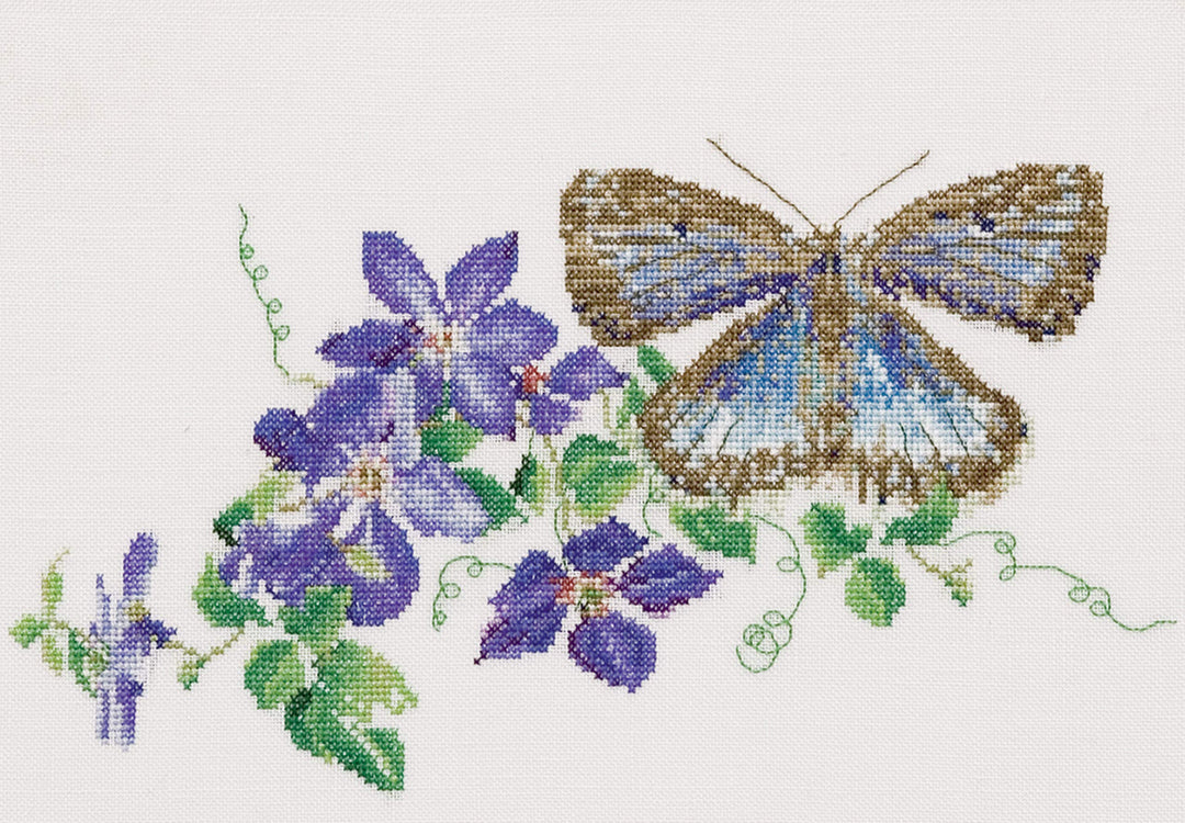 Thea Gouverneur - Kreuzstich-Set - Schmetterling Blaue Klematis - Leinen - 36 Count - Für Erwachsene