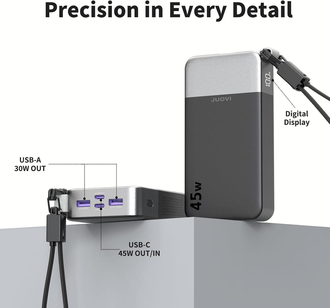 JUOVI Power Bank, 45W 20000mAh Powerbank mit USB C Kabel Schnellladung | Grosse Externe Handyakkus m