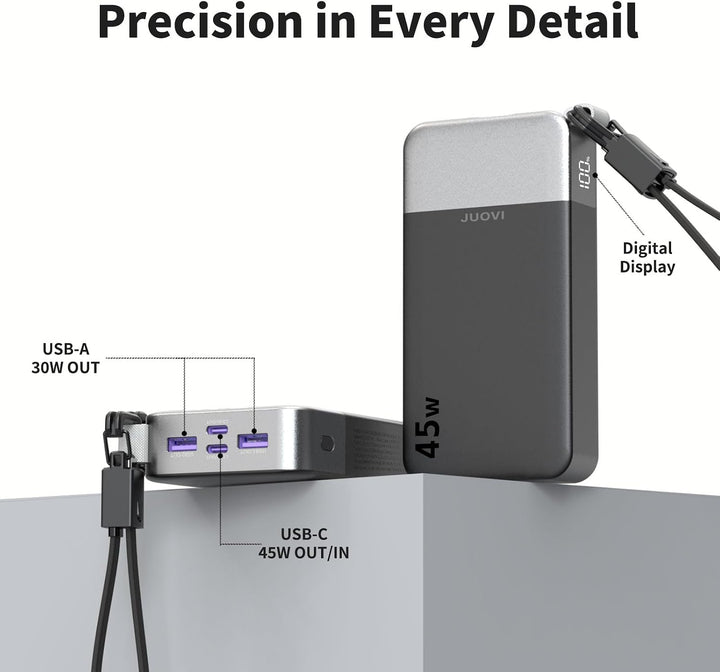 JUOVI Power Bank, 45W 20000mAh Powerbank mit USB C Kabel Schnellladung | Grosse Externe Handyakkus m