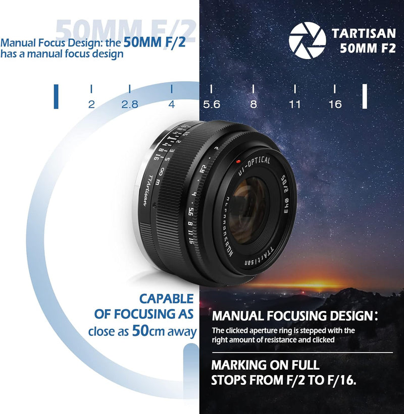 TTartisan 50mm F2 Objektiv mit manuellem Fokus, kompatibel mit Fuji X-Mount-Kameras X-E3 X-T30 X-100