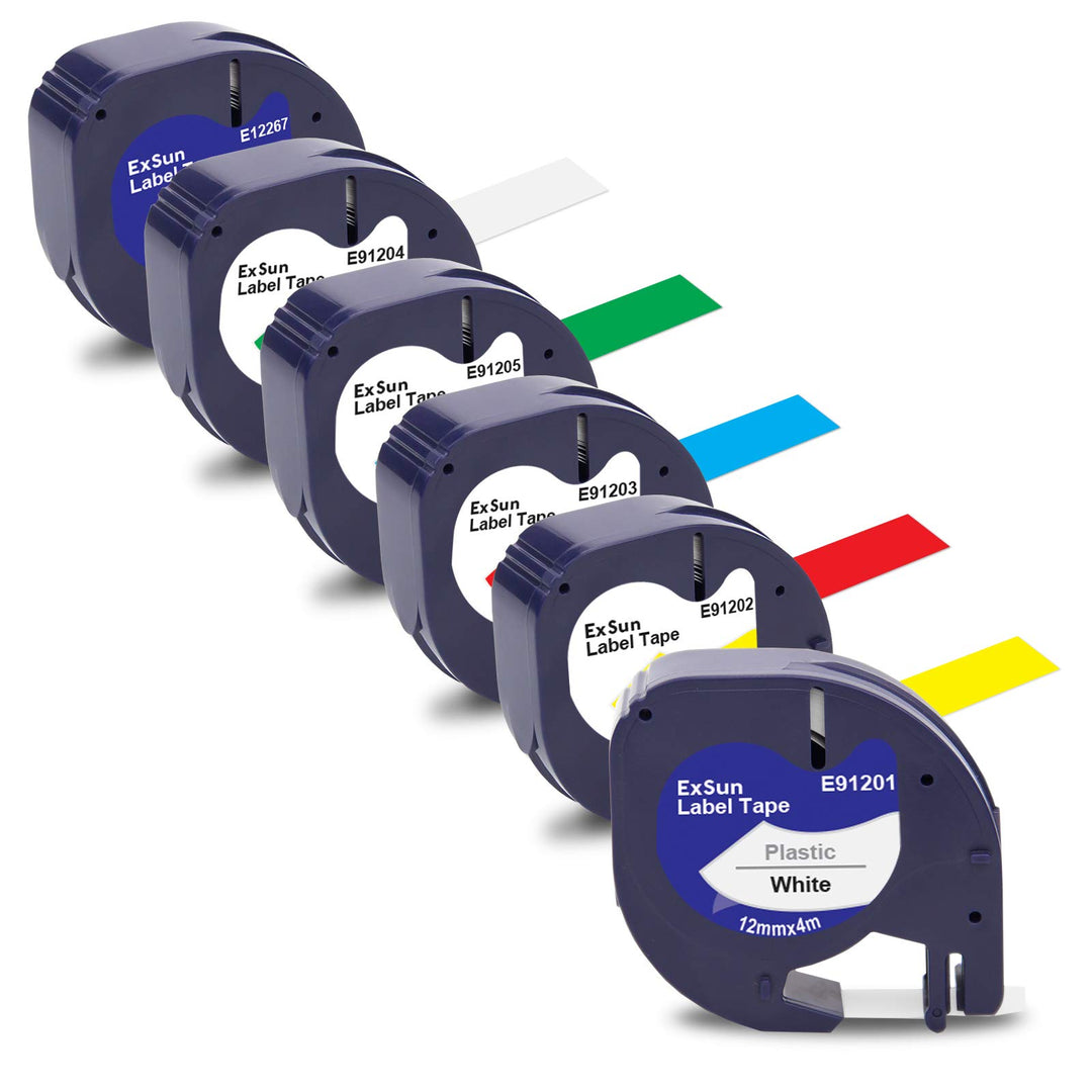 6x Kompatibel Letratag Plastic Bänder mit Dymo 12mm x 4m Etikettenband für LT-100H LT-100T XR 200B Q