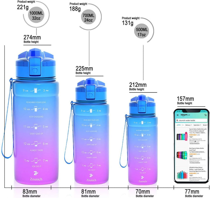Zounich Trinkflasche Kinder Auslaufsichere 1L/700ml/500ml-BPA frei trinkflaschen Sport Tritan Kunsts