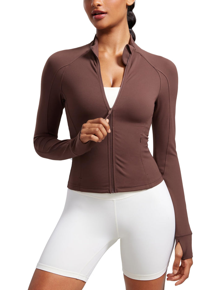 CRZ YOGA Damen Butterluxe Full Zipper Sport Jacke Zip Tasche Crop Running Laufjacke Gym Langarmshirt