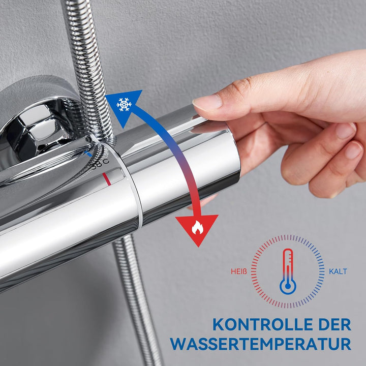 Duschsystem mit Thermostat, Auralum Regendusche mit Armatur aus Edelstahl Höhenverstellbar 92-122cm,