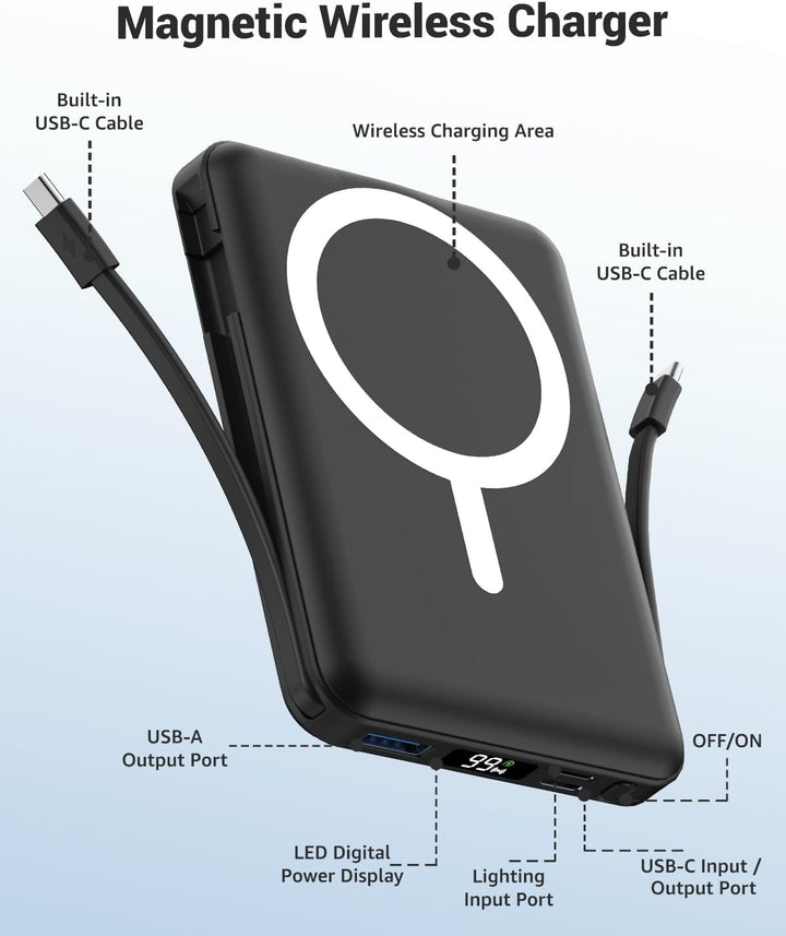 Powerbank für MagSafe, 10000mAh Magnetische Powerbank iPhone Schwarz 10000.0 Milliamperestunden (mAh