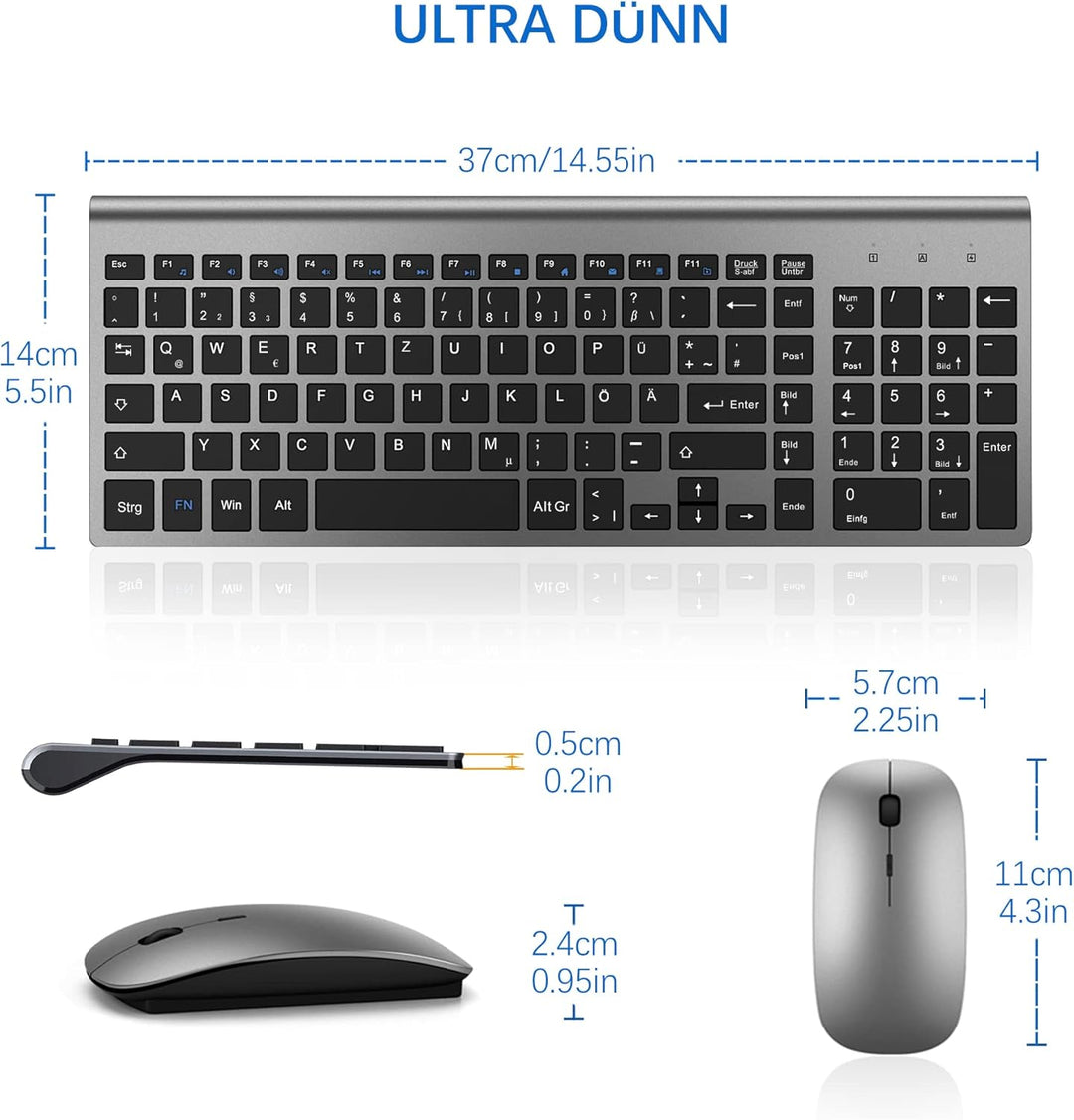 Tastatur Maus Set Ultra Slim, TopMate 2,4G Stille Compact USB 2400DPI Maus und Schissschalter Tastat