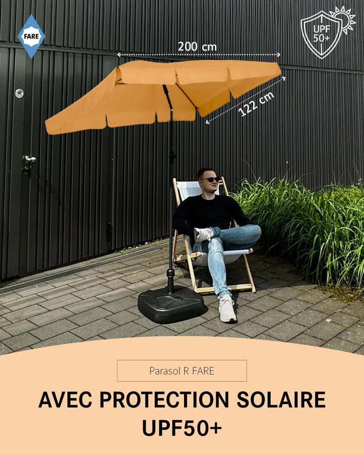 FARE Sonnenschirm Grösse L rechteckig - 200 cm Durchmesser - UV-Schutz 50+ für Balkon Garten Terrass