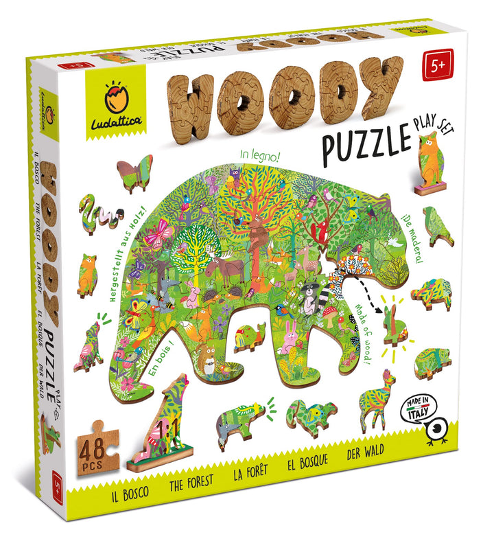 Ludattica Puzzle: Woody Puzzel FORêt, 25 x 35 cm, 48 Teile, 12 Figuren aus Holz, 5