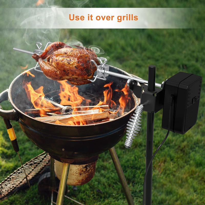 Onlyfire Grillspiess Set für Camping | Elektrische Rotisserie, mit Drehspiesskorb, Spiessgabeln, Bat