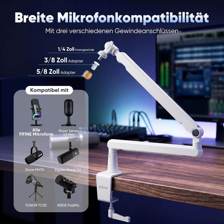 FIFINE Mikrofon Arm, flach einstellbarer Stangen Mikrofon Ständer mit Mikrofonclip, Schraubenadapter