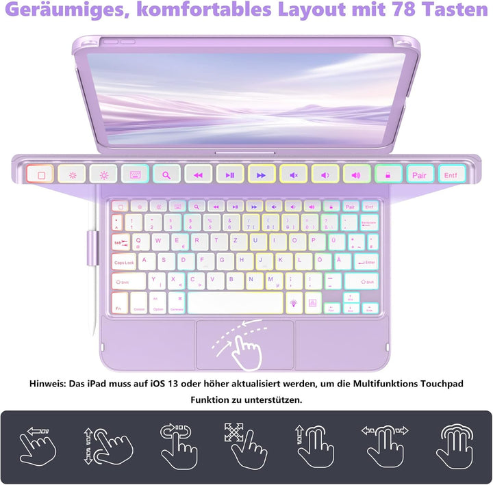 FUWANG Für iPad A16 11 (A16)/10 Gen Hülle mit Tastatur, Trackpad 360° DE Hellviolett Deutsch, DE Hel