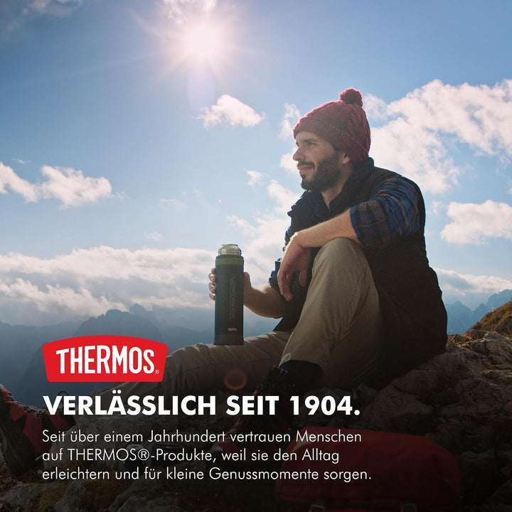 THERMOS MOUNTAIN BEVERAGE BOTTLE 0,9l, black, Thermosflasche Edelstahl mit Trinkbecher, 24 h heiss /