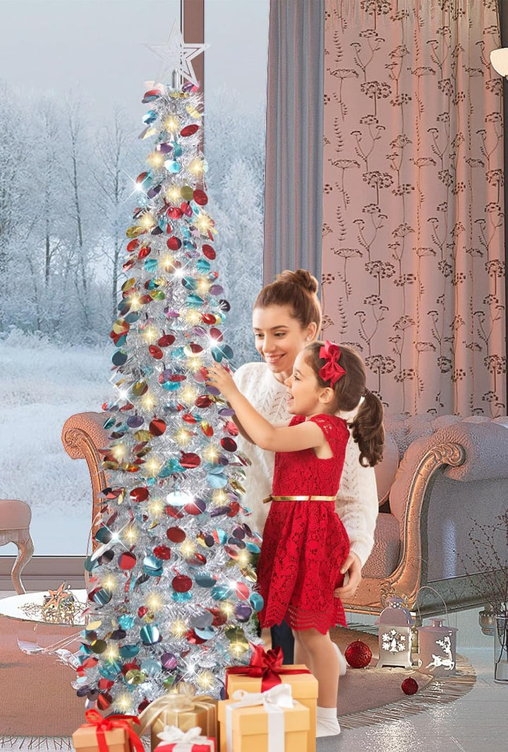 HMASYO 150 cm Pop-Up Lametta Weihnachtsbaum mit 50 Timer-Lichtern, Buntes Silber Zusammenklappbarer