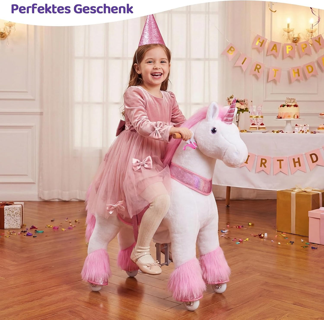 PonyCycle Einhorn zum Reiten, für Kinder 4–7 Jahre, 76cm Hoch, Einhorn auf Rollen mit Handbremse und