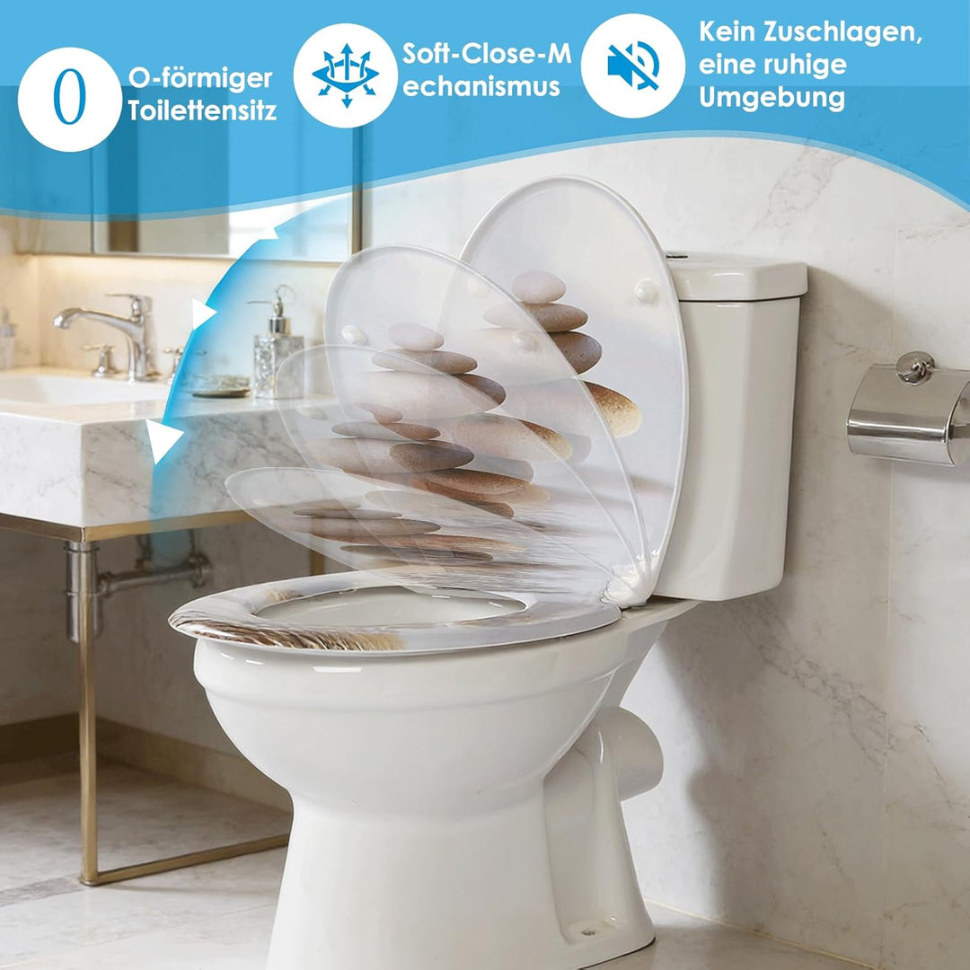 Duroplast-Toilettensitz, O-förmiger Toilettendeckel mit Soft-Close-Mechanismus, Edelstahlscharnier,