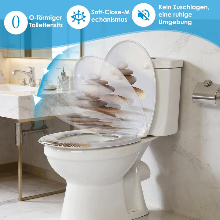 Duroplast-Toilettensitz, O-förmiger Toilettendeckel mit Soft-Close-Mechanismus, Edelstahlscharnier,