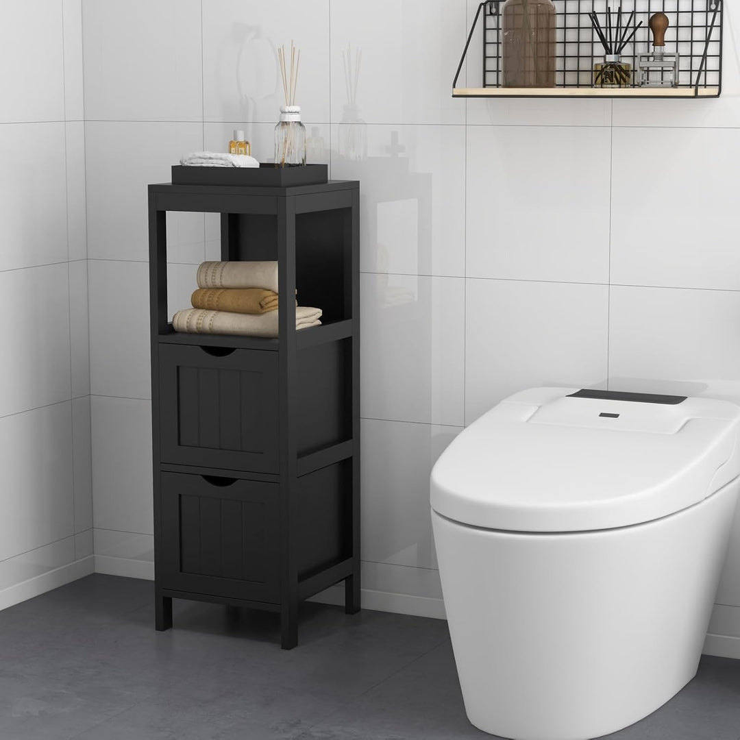 LIFEZEAL Badschrank Klein, Badezimmerschrank mit 2 Schubladen, Freistehender Badkommode Holz, Schmal