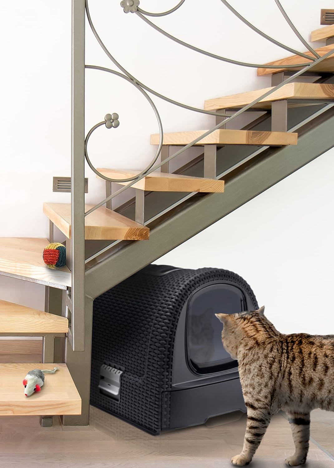 Curver 2068961 petlife Katzentoilette mit Deckel, Katzenklo inklusive Schaufel, moderne Rattangeflec