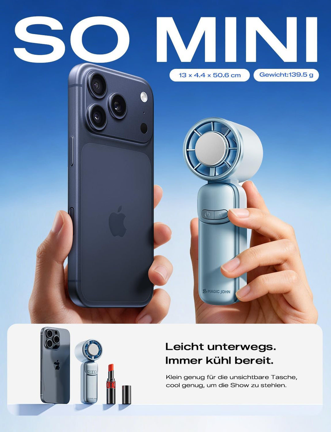 MAGIC JOHN Mini Handventilator mit Kühlung, 199 Lüfterstufen, bis zu 11h Laufzeit, USB-C Akku auflad