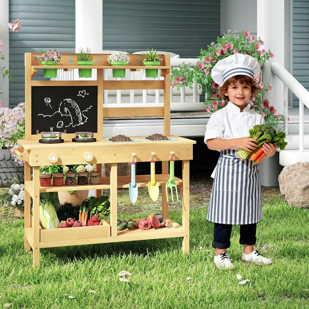 COSTWAY Matschküche Kinder Outdoor, Kinderküche mit Tafel, Wasserhahn, Spülen, Blumentöpfen & Garten