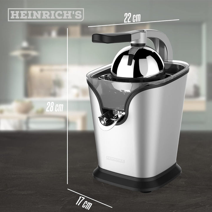 HEINRICHS elektrische Edelstahl Zitruspresse Juicer inkl. Fliessstopfunktion professioneller Hebelar