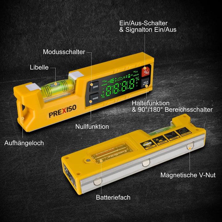 PREXISO Digitale Wasserwaage &amp; Digitaler Winkelmesser 17,5 cm
