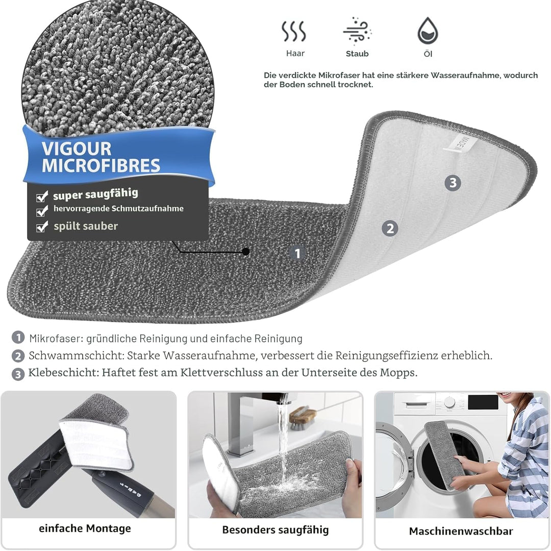 Grauer Wischer mit Sprühfunktion, 360° drehbarer Bodensprühwischer mit 3 waschbaren Mikrofaserpads,