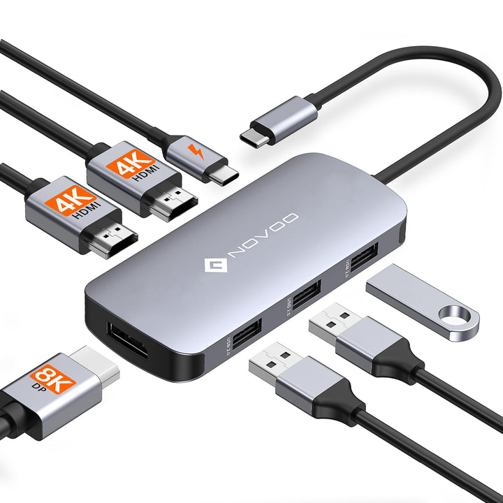 NOVOO 7-in-1 Docking Station Dual Monitor, Hub UBS C auf 2 HDMI 4K, Displayport 8K, 100 W PD, USB x