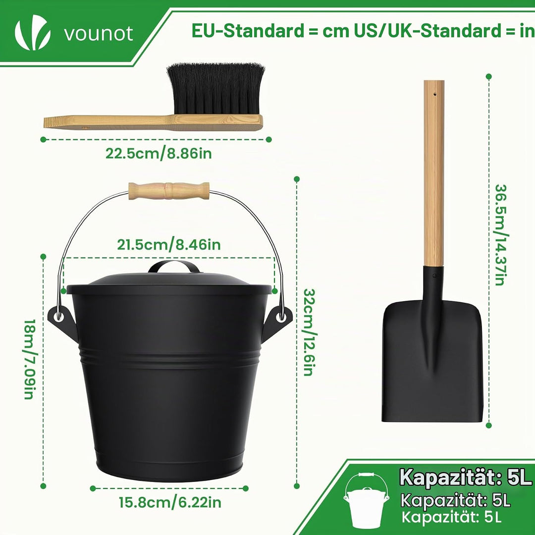 VOUNOT® Ascheeimer mit Deckel, Feuerfest Metall Kohleeimer 5L mit Schaufel und Handbesen, Werkzeugse