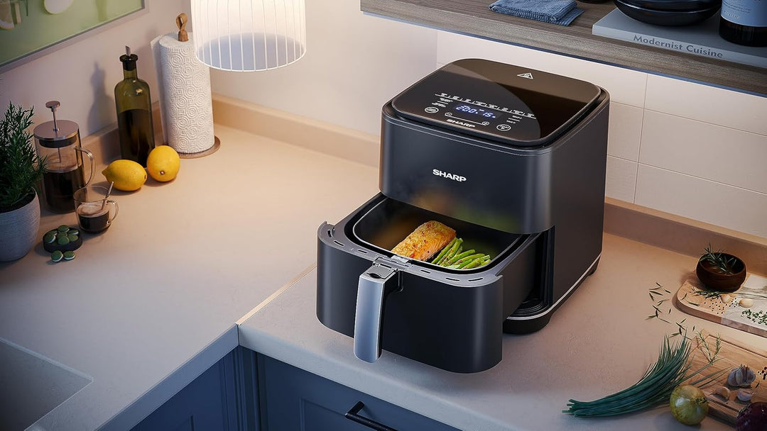 SHARP AF-GS552AE-B Heissluftfritteuse 5,5L mit digitaler Steuerung – Touchdisplay Funktion, 8 Progra