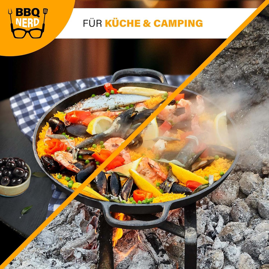 BBQ Nerd© Paellapfanne aus Gusseisen Ø 36 cm (6 Personen) | Antihaftpfanne mit Flachboden für tradit