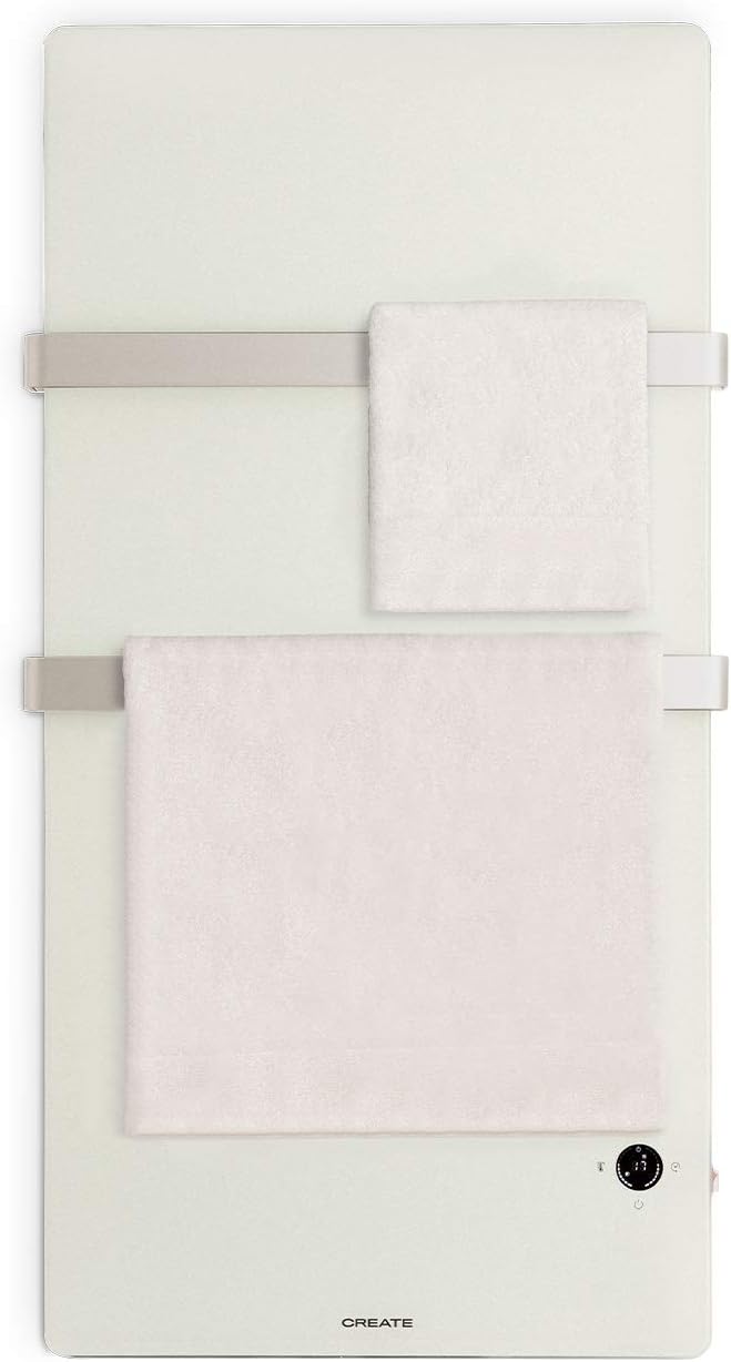 CREATE / WARM Towel Crystal/Elektrischer Badheizkörper Weiss aus 1cm Glas mit Fernbedienung / 110x1.