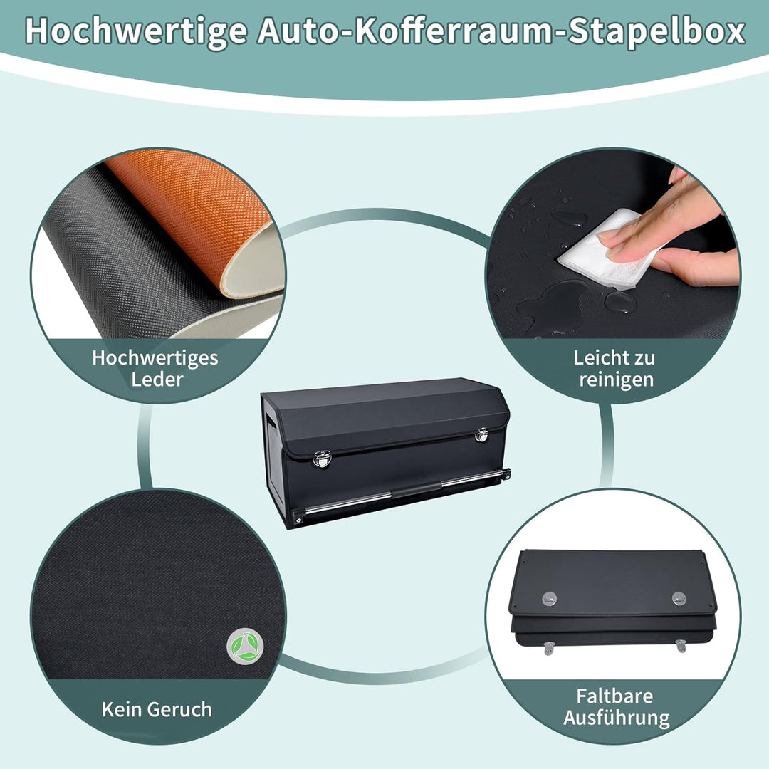 60L Premium Leder Auto Kofferraum Organizer mit Deckel - Stabiler Griffe & Metallschloss, Multifunkt