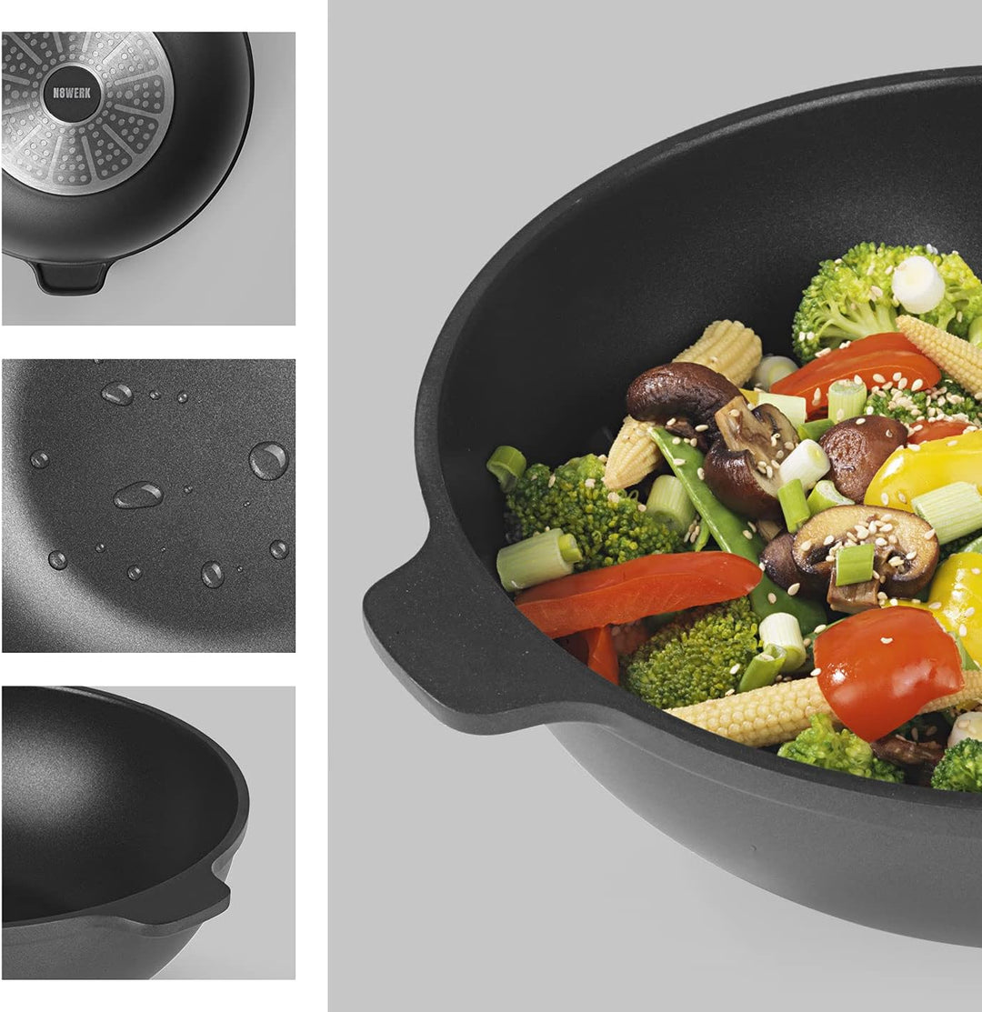N8WERK Aluguss-Wokpfanne in der Midnight Edition 28 cm | Heat Indicator Farbwechsel-Temperaturanzeig