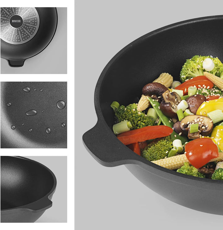 N8WERK Aluguss-Wokpfanne in der Midnight Edition 28 cm | Heat Indicator Farbwechsel-Temperaturanzeig