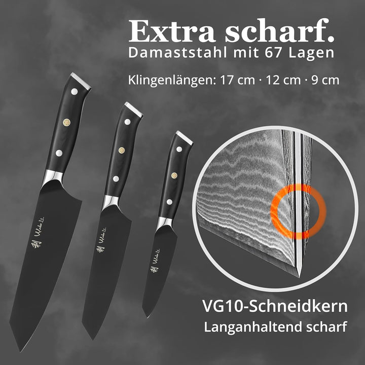 Wakoli Titanium Noir 3er Messerset mit 8-17cm Klingen, G10 Griff, in Holzbox, Premium Edelstahl Küch