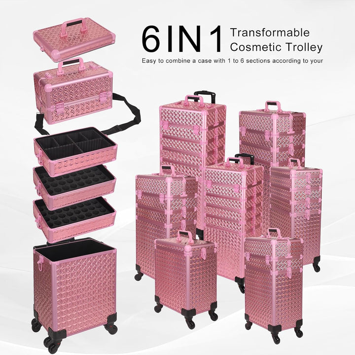 Kosmetikkoffer Trolley, 6-in-1 Schminkkoffer mit Spiegel & Schloss, Grosser Kosmetik Reisekoffer Mak