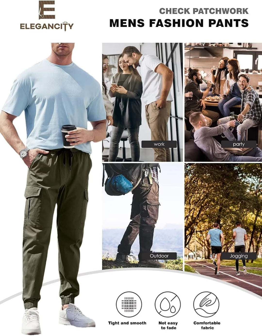 Cargohose Herren Chino Hose mit 6 Taschen Cargo Hose Stretch Jogginghose für Männer mit Bundgummi El