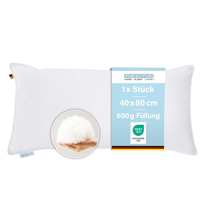 Regina Home Kopfkissen 40x80 cm - Fest - Ergonomisches Nackenkissen mit 85% Federn &amp; 15% Daunen - Wa