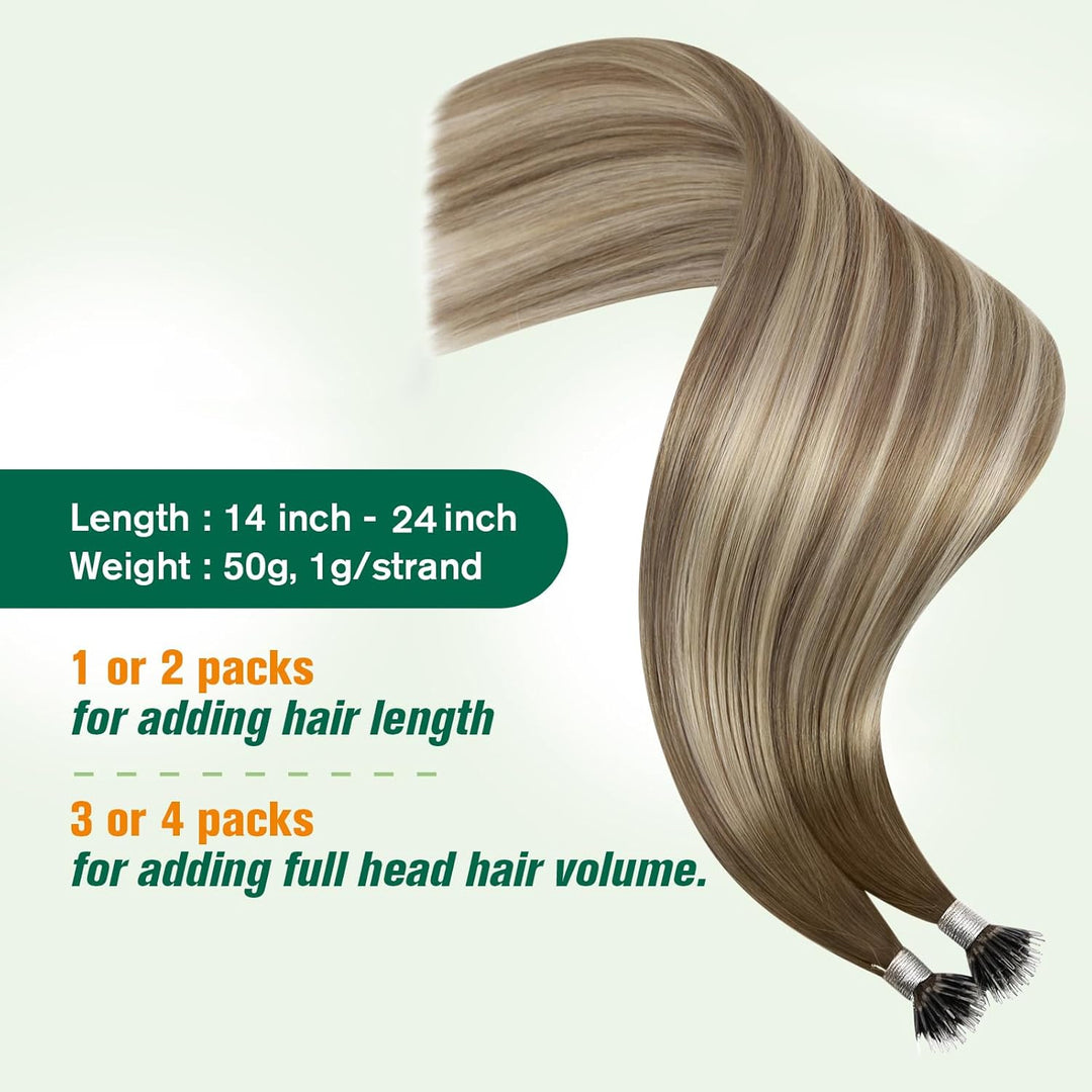 Easyouth Extensions mit Nanoring Echthaar 14 Zoll 50 Stück 50g Farbe Dunkelbraun tu Aschbraun Mix Mi