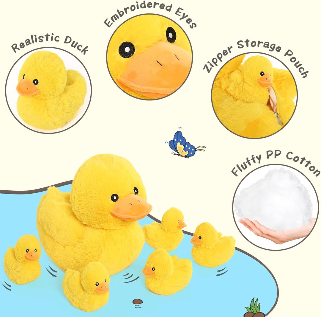 MorisMos Gelb Enten Kuscheltier XXL mit 5 Babys im Bauch, 40cm Cute Plüschtier Enten Duck, Weich Plü