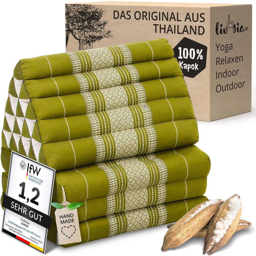 livasia Thaikissen 3 Auflagen extrahoch - 185x55x8cm - Dreieckskissen mit Klappmatratze, Kapok, Jumb